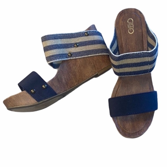 Cato Shoes - Cato Blue & Striped Wedge Sandals With Faux Wood Sole & Stud Detail Size 8M